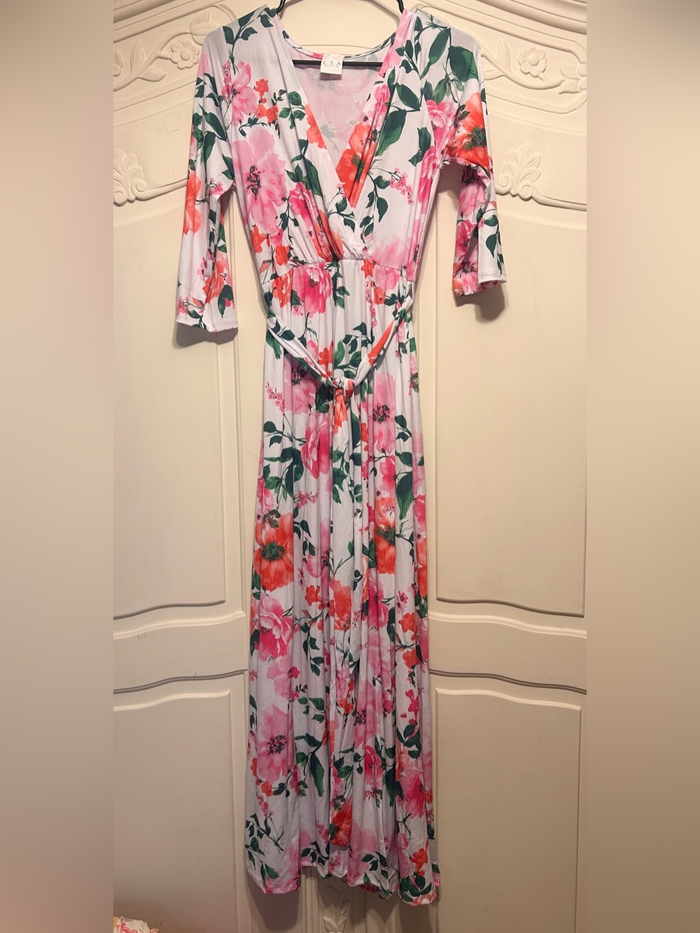 NWOT Floral Pink Wrap-Style Maxi Dress with Tie Waist